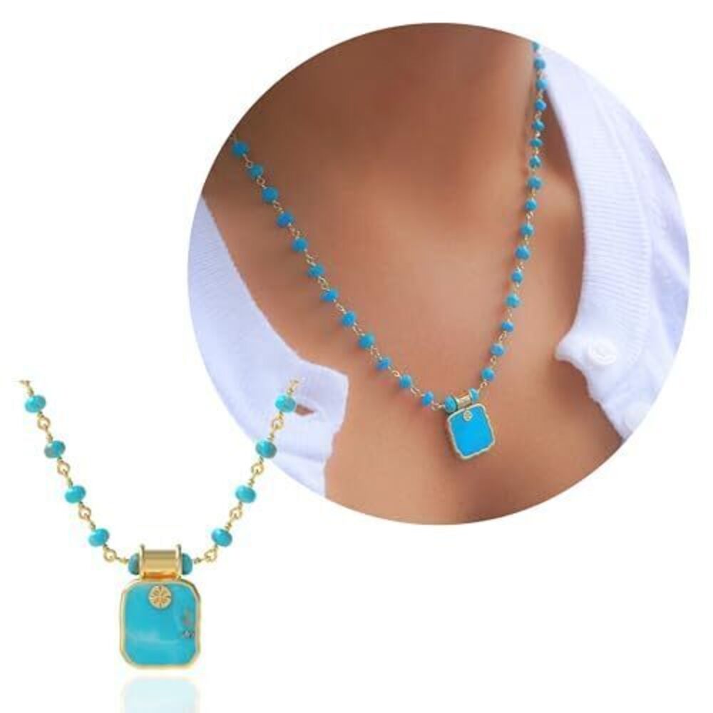 6363 Turquoise Necklace , Square Premium Gold Beaded Necklaces - Tarnish